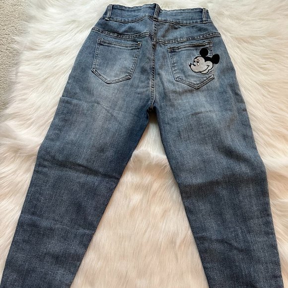 Jeans F.A.Shion High Waist Slim Raw Hem Mickey Mouse Embroidered Patch Size 24 - Picture 3 of 9